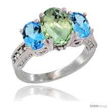 Size 10 - 10K White Gold Ladies Natural Green Amethyst Oval 3 Stone Ring with  - $627.59