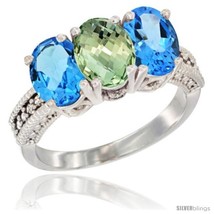 Size 6.5 - 10K White Gold Natural Green Amethyst &amp; Swiss Blue Topaz Sides Ring  - £444.96 GBP