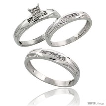 Size 6.5 - Sterling Silver Diamond Trio Wedding Ring Set His 4.5mm &amp; Hers 3.5mm  - £127.80 GBP