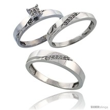 Size 7.5 - Sterling Silver Diamond Trio Wedding Ring Set His 4.5mm &amp; Hers 3.5mm  - £128.59 GBP