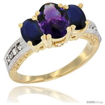 Size 9.5 - 14k Yellow Gold Ladies Oval Natural Amethyst 3-Stone Ring with Blue  - $907.03