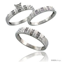 Size 7 - Sterling Silver Diamond Trio Wedding Ring Set His 5mm &amp; Hers 3.5mm  - $164.33