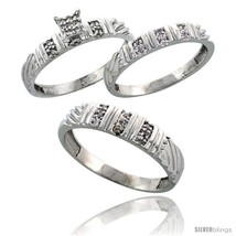 Size 9 - Sterling Silver Diamond Trio Wedding Ring Set His 5mm &amp; Hers 3.5mm  - £132.16 GBP