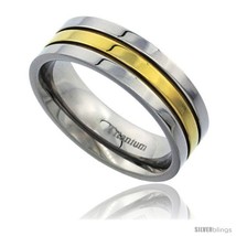 Size 14 - Titanium 7mm Flat Wedding Band Ring Gold Stripe Center polished  - £61.55 GBP