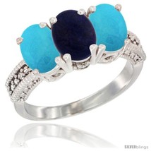 Size 8.5 - 14K White Gold Natural Lapis &amp; Turquoise Sides Ring 3-Stone 7x5 mm  - $755.51