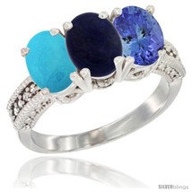 Size 8 - 14K White Gold Natural Turquoise, Lapis &amp; Tanzanite Ring 3-Stone 7x5  - £623.16 GBP