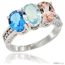 Size 9.5 - 10K White Gold Natural Swiss Blue Topaz, Aquamarine &amp; Morganite Ring  - £487.46 GBP