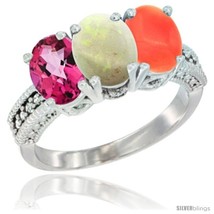 Size 10 - 14K White Gold Natural Pink Topaz, Opal &amp; Coral Ring 3-Stone 7x5 mm  - £570.31 GBP