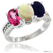 Size 7.5 - 14K White Gold Natural Pink Topaz, Opal &amp; Lapis Ring 3-Stone 7x5 mm  - £566.04 GBP