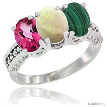 Size 10 - 14K White Gold Natural Pink Topaz, Opal &amp; Malachite Ring 3-Stone 7x5  - £529.60 GBP