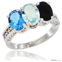 Size 7 - 10K White Gold Natural Swiss Blue Topaz, Aquamarine &amp; Black Onyx Ring  - £460.15 GBP