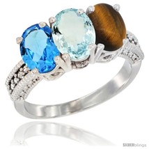 Size 8.5 - 10K White Gold Natural Swiss Blue Topaz, Aquamarine &amp; Tiger Eye Ring  - £460.15 GBP