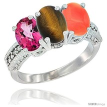 Size 8 - 14K White Gold Natural Pink Topaz, Tiger Eye &amp; Coral Ring 3-Stone 7x5  - £530.11 GBP