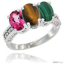 Size 5.5 - 14K White Gold Natural Pink Topaz, Tiger Eye &amp; Malachite Ring  - £523.24 GBP