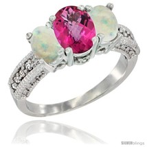 14k white gold ladies oval natural pink topaz 3 stone ring opal sides diamond accent thumb200