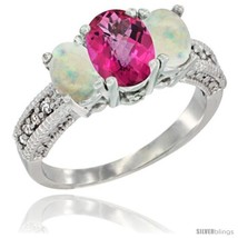 Size 5.5 - 14k White Gold Ladies Oval Natural Pink Topaz 3-Stone Ring with Opal  - £561.92 GBP