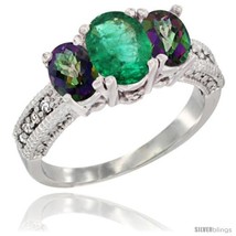 Size 10 - 10K White Gold Ladies Oval Natural Emerald 3-Stone Ring with Mystic  - £471.44 GBP