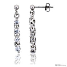 Sterling Silver Jeweled Dangling Post Earrings, w/ Round Cubic Zirconia, 1 1/8in - £30.27 GBP