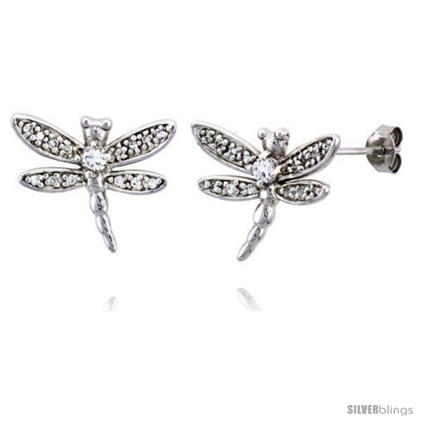 Primary image for Sterling Silver Jeweled Dragonfly Post Earrings, w/ Cubic Zirconia stones, 3/4in