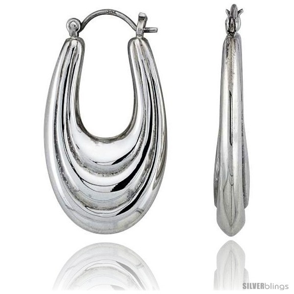 Sterling Silver High Polished Long Oval Hoop Earrings, 1 7/16in   - $62.95