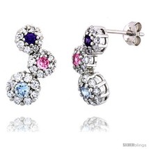 Sterling Silver Graduated Flower Earrings w/ Brilliant Cut Amethyst-colored,  - £55.06 GBP