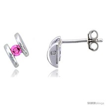 Sterling Silver Stud Earrings w/ Brilliant Cut Pink Tourmaline-colored CZ  - £20.84 GBP