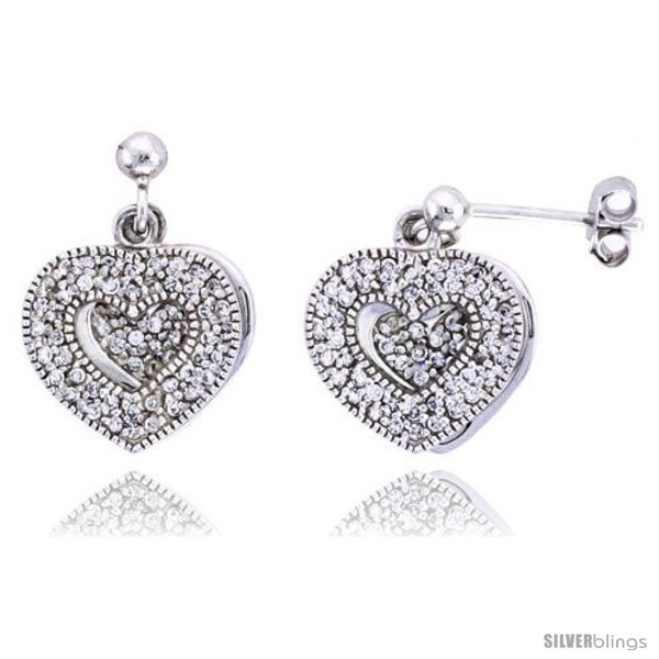 Primary image for Sterling Silver Jeweled Heart Post Earrings w/ Cubic Zirconia stones, 5/8in  (16