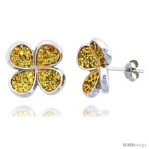 Sterling Silver Clover Flower Stud Earrings w/ Brilliant Cut Yellow  - £73.98 GBP