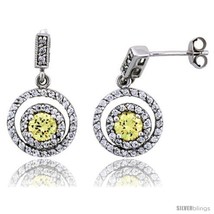 Sterling Silver Circle Dangle Earrings w/ Brilliant Cut Yellow Topaz-colored CZ  - $65.38