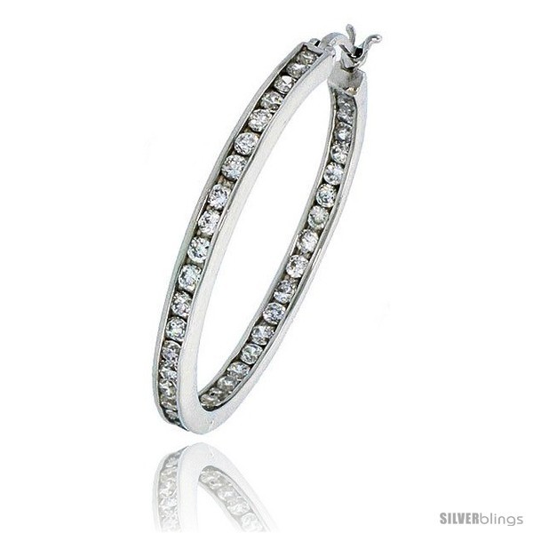 Primary image for Sterling Silver Jeweled Hoop Post Earrings, w/ Cubic Zirconia stones, 1 5/16 