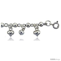 Sterling Silver Anklet w/ Beads, Hearts &amp; Chime  - £61.42 GBP