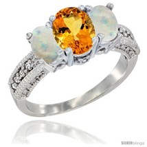 Size 7.5 - 10K White Gold Ladies Oval Natural Citrine 3-Stone Ring with Opal  - £432.29 GBP
