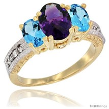 Ow gold ladies oval natural amethyst 3 stone ring swiss blue topaz sides diamond accent thumb200
