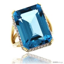 Size 8 - 10k Yellow Gold Diamond London Blue Topaz Ring 14.96 ct Emerald shape  - £780.88 GBP