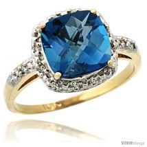 Size 8 - 10k Yellow Gold Diamond London Blue Topaz Ring 2.08 ct Cushion cut 8  - £382.88 GBP