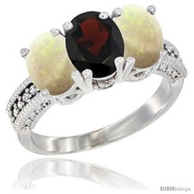 Size 10 - 14K White Gold Natural Garnet &amp; Opal Sides Ring 3-Stone 7x5 mm Oval  - £572.36 GBP