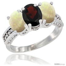Size 7.5 - 14K White Gold Natural Garnet &amp; Opal Sides Ring 3-Stone 7x5 mm Oval  - £572.47 GBP