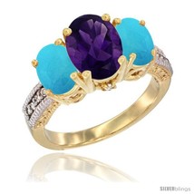 Size 6 - 14K Yellow Gold Ladies 3-Stone Oval Natural Amethyst Ring with  - £639.63 GBP