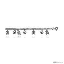 Sterling Silver Figaro Anklet w/ Teddy Bear &amp; Chime Ball  - £61.87 GBP