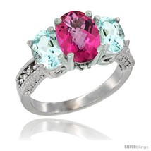 Size 9.5 - 14K White Gold Ladies 3-Stone Oval Natural Pink Topaz Ring with  - £703.85 GBP