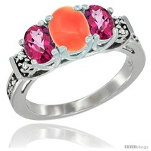 Size 5 - 14K White Gold Natural Coral &amp; Pink Topaz Ring 3-Stone Oval with  - £557.98 GBP