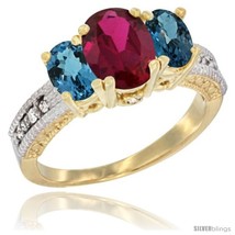 Ellow gold ladies oval natural ruby 3 stone ring london blue topaz sides diamond accent thumb200