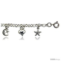 Sterling Silver Rolo Link Anklet w/ Moon, Star &amp; Heart  - £57.09 GBP