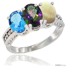 Size 10 - 14K White Gold Natural Swiss Blue Topaz, Mystic Topaz &amp; Opal Ring  - £585.35 GBP