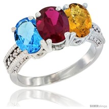 Size 10 - 10K White Gold Natural Swiss Blue Topaz, Ruby &amp; Whisky Quartz Ring  - $558.66