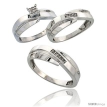 Size 10 - Sterling Silver Diamond Trio Wedding Ring Set His 7mm &amp; Hers 6mm  - £131.27 GBP