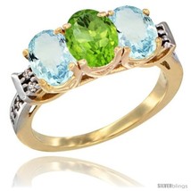 Size 7 - 10K Yellow Gold Natural Peridot &amp; Aquamarine Sides Ring 3-Stone Oval  - £481.33 GBP