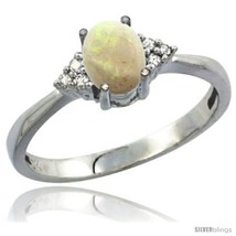 Size 5 - 14k White Gold Ladies Natural Opal Ring oval 7x5 Stone Diamond  - £281.20 GBP