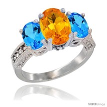 Size 8.5 - 14K White Gold Ladies 3-Stone Oval Natural Citrine Ring with Swiss  - £649.28 GBP