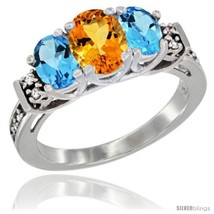 Size 7 - 14K White Gold Natural Citrine &amp; Swiss Blue Topaz Ring 3-Stone Oval  - £576.02 GBP